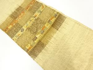 アンティーク　手織り真綿紬横段に花鳥模様織り出し名古屋帯